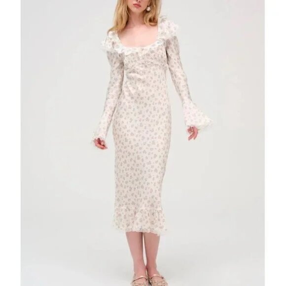 NWT FOR LOVE AND LEMONS PASTEL FIELDS PINK ROSE PRINT WHITE MIDI DRESS SIZE L - Picture 1 of 10
